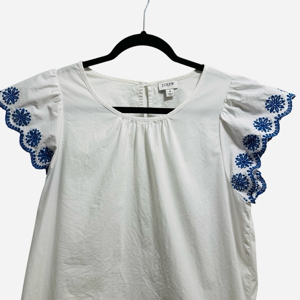 J. Crew embroidered flutter sleeve top white with blue scalloped sleeves Small - Picture 6 of 12